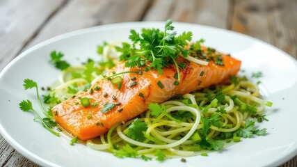 Fresh Salmon Salad with Green Onions and Cilantro on White Plate