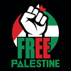 Bold Free Palestine Graphic T-Shirt with Raised Fist, Red Star & Flag Colors Pro Justice Activism Apparel for Human Rights Awareness