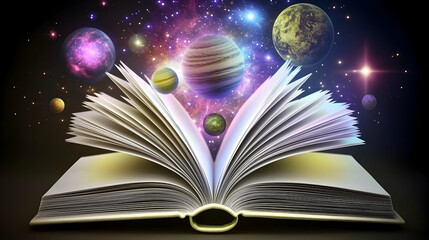 Open Book With Glowing Planets In Space