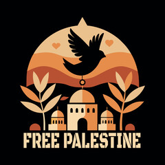 Symbolic Expression of Peace and Liberation Free Palestine Urban Silhouette with Dove, Dome, and Olive Branch Motif in Monochrome Style