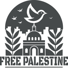 Symbolic Expression of Peace and Liberation Free Palestine Urban Silhouette with Dove, Dome, and Olive Branch Motif in Monochrome Style
