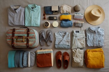 Beach packing checklist. Neatly arranged travel essentials including clothes, shoes, accessories, and bags, flat lay style on a striped surface, expressing vacation prep.