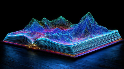 Abstract Glowing Data Mountains In Book Shape