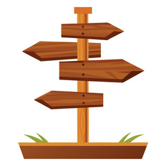 Illustrated Wooden Signpost with Four Arrow Signs and Grassy Base on White