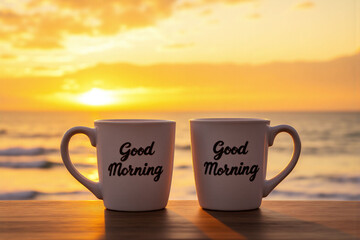 Two cups of coffee sitting on top of a wooden table