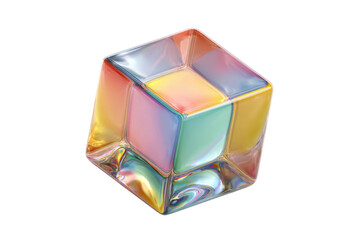 PNG Colorful iridescent glass cube with rainbow hues on black background