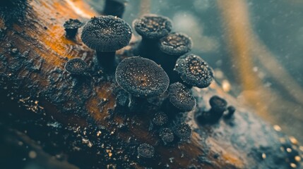 Fototapeta premium Dark, fungi with white spots grow on a damp and weathered branch. Ideal for ecological studies or mysterious, nature-themed backgrounds.