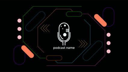 ABSTRACT TEMPLATE PODCAST MICROPHONE FLAT COLOR LIQUID DESIGN DARK BACKGROUND VECTOR. GOOD FOR COVER DESIGN, BANNER, WEB,SOCIAL MEDIA