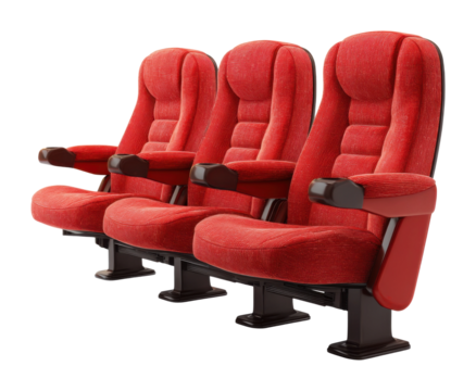 Comfortable red theater seats in a modern cinema interior design cozy environment isolated on transparent background