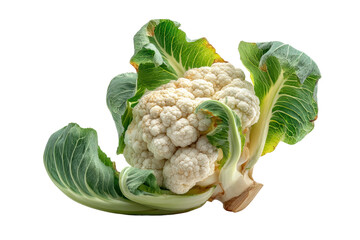 PNG Fresh organic cauliflower with green leaves isolated on black background