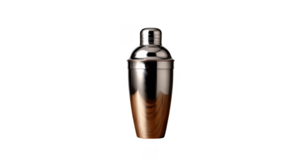 Elegant cocktail shaker resting on a transparent background, featuring a sleek metal and wood design, perfect for crafting sophisticated mixed drinks in any bar or home setting