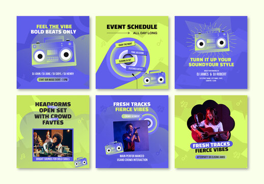 Bold Green And Bright Music Event Instagram Social Media Post Set