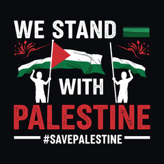 Bold Solidarity Statement T-Shirt Featuring a Powerful Silhouette Holding the Palestinian Flag with "We Stand with Palestine" Design in Vibrant Red, Green, and Black Colors on a Striking Black  