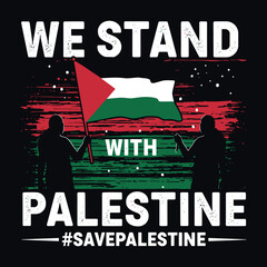 Bold Solidarity Statement T-Shirt Featuring a Powerful Silhouette Holding the Palestinian Flag with "We Stand with Palestine" Design in Vibrant Red, Green, and Black Colors on a Striking Black  