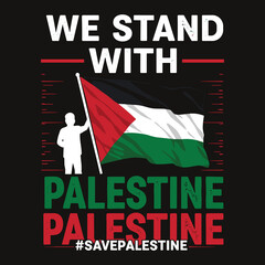 Bold Solidarity Statement T-Shirt Featuring a Powerful Silhouette Holding the Palestinian Flag with "We Stand with Palestine" Design in Vibrant Red, Green, and Black Colors on a Striking Black  