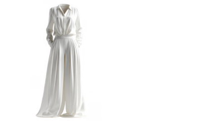 Studio shot of an elegant white jumpsuit featuring a classic top. Long sleeves. And wide leg pants. Perfect for showcasing fashion designs or creating stylish compositions with transparent background
