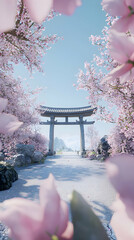 Pixelated Pink Cherry Blossoms Frame Torii Gate Pathway