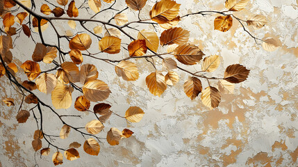 Autumn Leaves On Branches Against A Light Grey Background