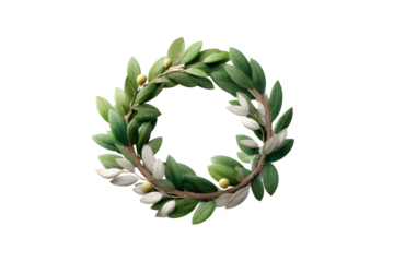 PNG Lush laurel wreath with green leaves and small berries on black background
