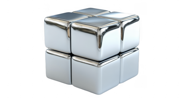 Metallic cubes interconnected into a larger cube shape on a transparent background, PNG image, PNG file.