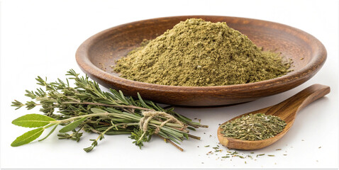 Rustic wooden plate with ground herbal seasoning, wooden spoon and fresh green thyme, sage herbs isolated on white, aromatic culinary spices, gourmet cooking ingredients, healthy seasoning close-up