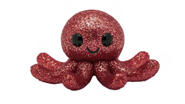 Red sparkling octopus plush toy with large eyes on a transparent background, PNG image, PNG file.