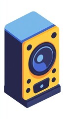 Isometric illustration of a yellow and dark-blue cube-shaped speaker with a single large speaker cone