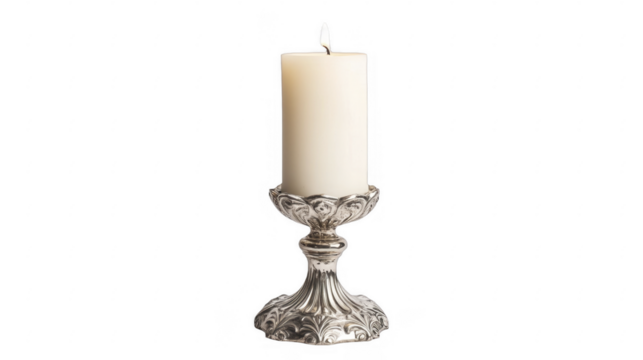 Illuminated wax candle on a silver ornate candlestick holder on a transparent background, PNG image, PNG file.