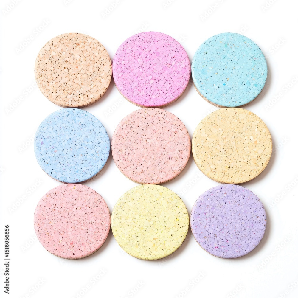 Poster colorful cork coasters in assorted pastel tones arranged in grid pattern. these coasters are perfect