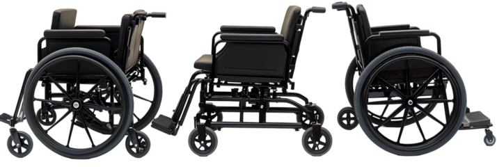 Studio shot showcasing three sleek black wheelchairs against a dark backdrop