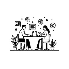 Fototapeta premium Man and woman working on laptops, black and white sketch