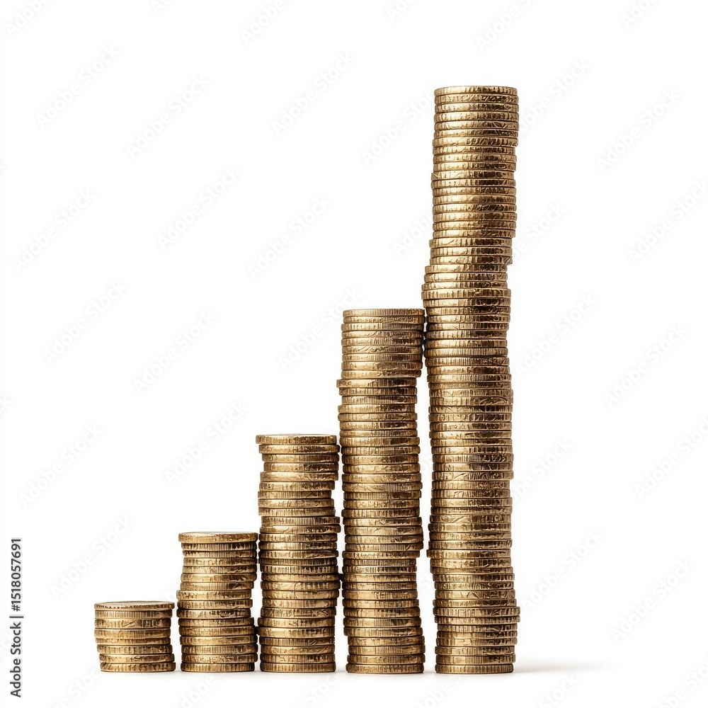 Poster neatly stacked tower of golden coins showcases gradual increase in height, symbolizing growth and pr