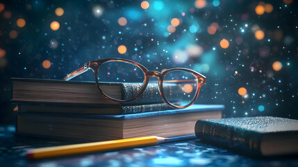 Stack Of Books With Glasses And Pencil Under Soft Light