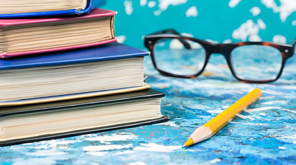 Stacked Books With Glasses And Pencil On Teal Background