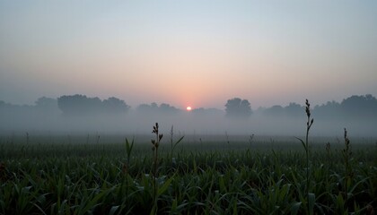 Obraz premium foggy grassland at dawn with cool tones and soft silhouettes of plants in foreground