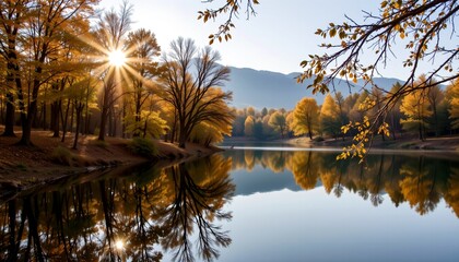 tranquil lake surrounded by warm autumn trees under soft golden hour light, mirror like reflection