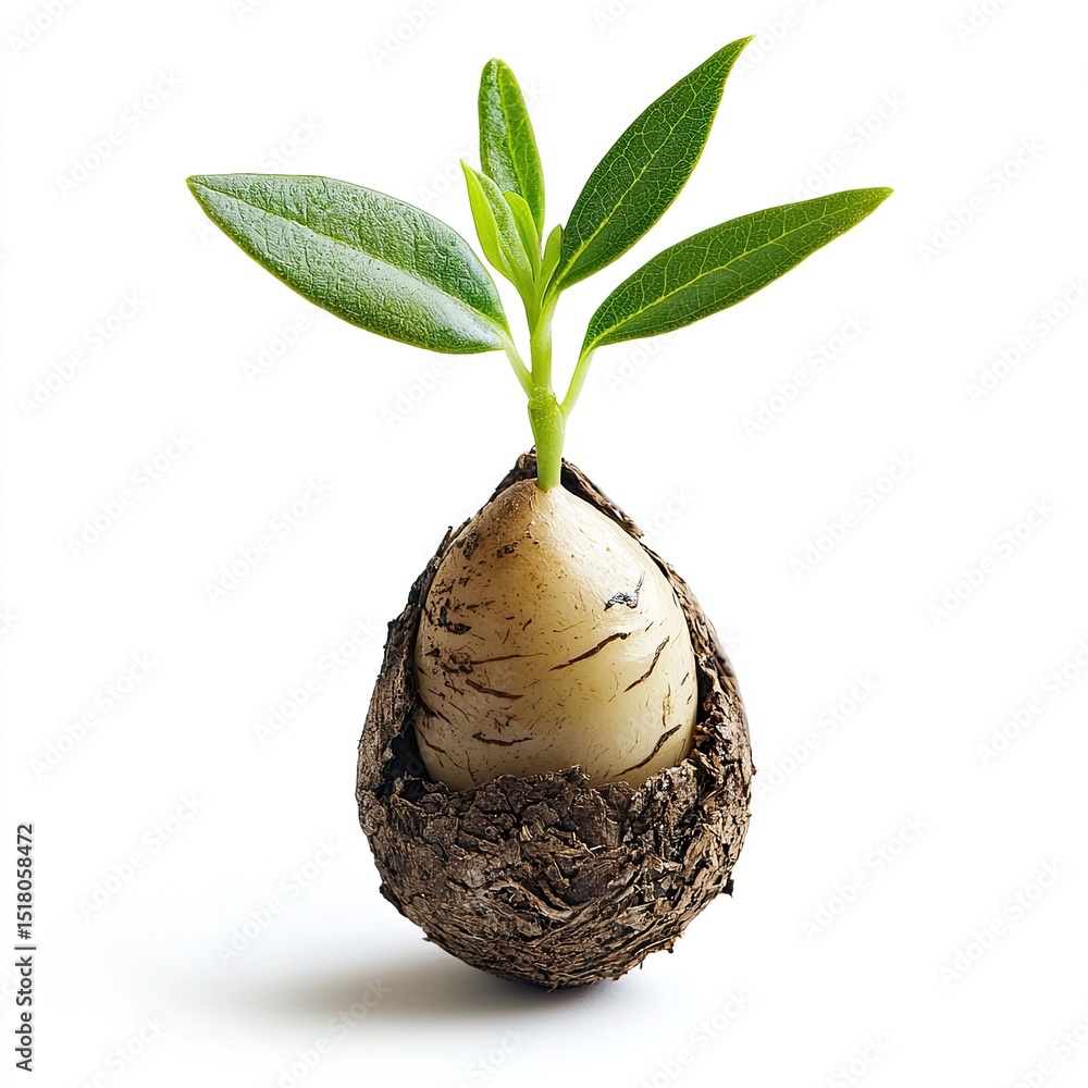 Aufkleber sprouting seed with tiny leaves emerging from protective shell, symbolizing growth and new beginning