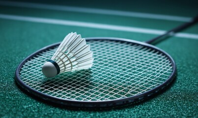 Badminton Shuttlecock and Racket on Court