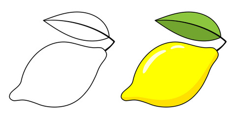 Lemon with a leaf colored and line. Coloring book for kids. Vector illustration.