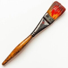 Used paintbrush with dried red paint on bristles, showcasing its worn handle and vibrant color. This tool reflects creativity and artistic expression