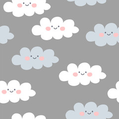 Seamless pattern with cute clouds on a gray background. Vector illustration.