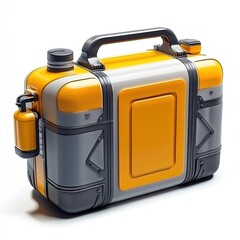 Naklejka premium Rugged storage container designed for durability and functionality, featuring bright yellow and gray color scheme. Ideal for outdoor activities, this container is perfect for organizing tools
