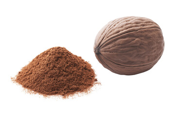 whole nutmeg and pile of nutmeg powder isolated on white background