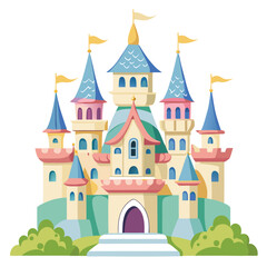 Whimsical Cartoon Castle Illustration with Towers, Flags, and Green Bushes for Children's Art