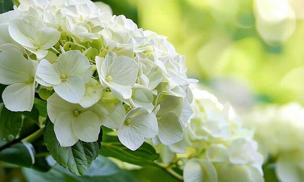 Cluster of White Hydrangeas in Bright Sunlight with Prominent Petals and Soft Focus Green Background
