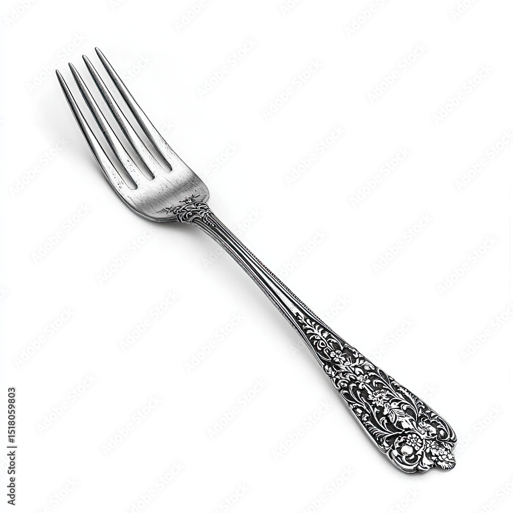 Poster elegant silverplated dessert fork with intricate detailing, perfect for adding touch of sophisticati