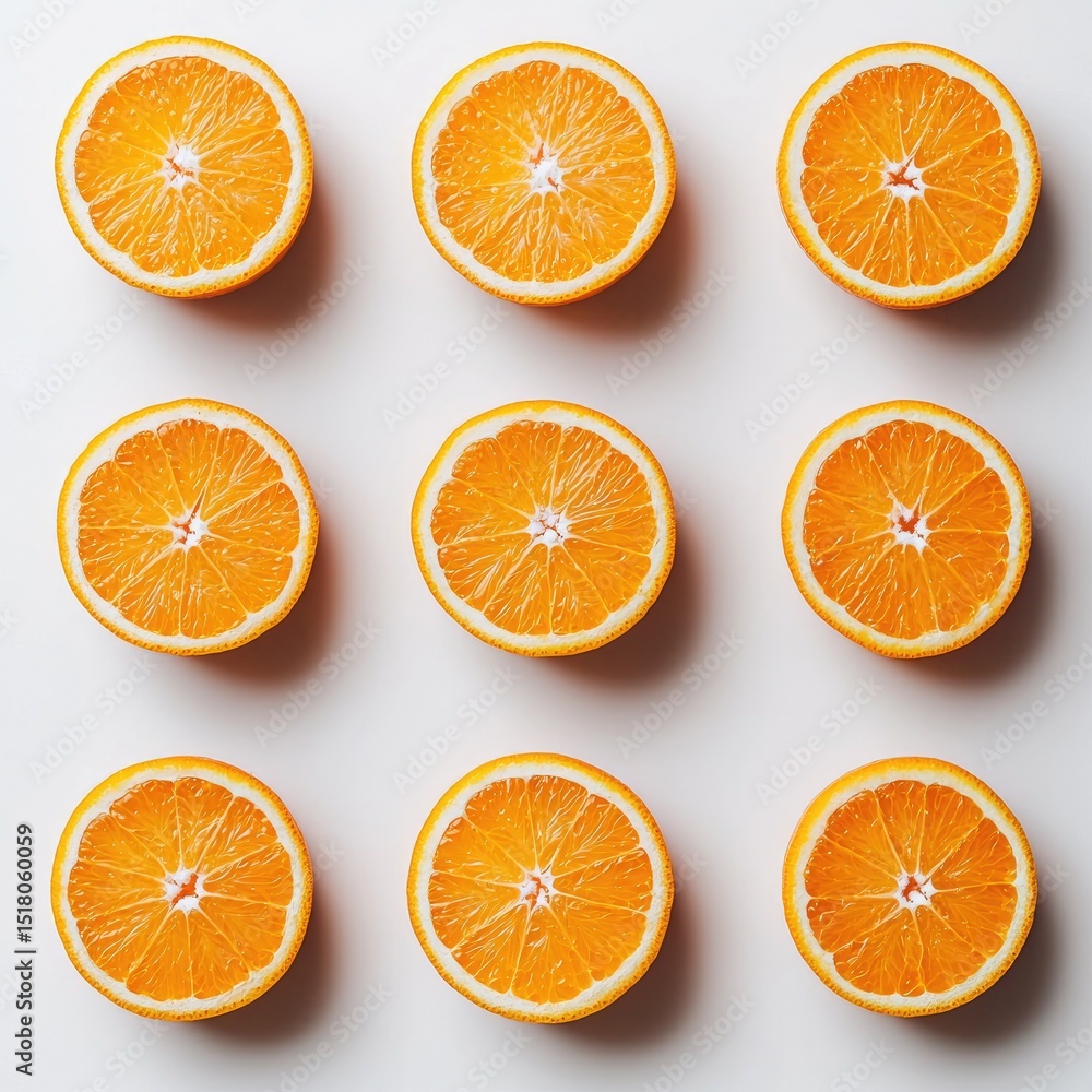 Poster fresh sliced orange segments arranged neatly, showcasing their juicy texture and vibrant color, crea