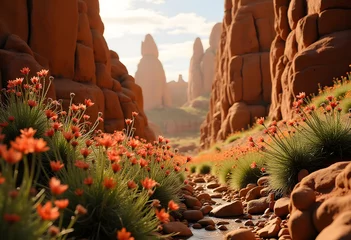 Gardinen Vibrant red poppies blooming in a stark desert landscape under a clear blue sky. © Yanuar