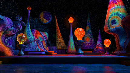 Psychedelic Abstract 3D Landscape With Glowing Objects