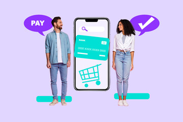 Composite trendy magazine photo collage of happy girl guy stand phone screen credit card search tab...
